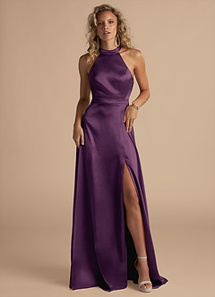 Azazie Clarice Bridesmaid Dresses Plum A-Line High Neck Metallic Satin Dress image4
