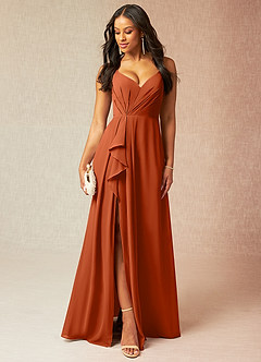 Azazie Kyedae Bridesmaid Dresses Burnt Orange A-Line V-Neck Pleated Chiffon Dress image1