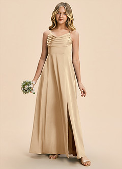 Azazie Gia Junior Champagne A-Line Pleated Stretch Satin Dress image3