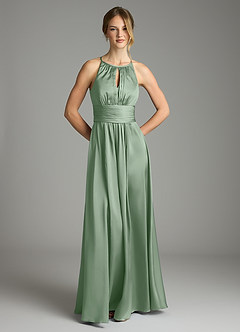 Azazie Bonnie Bridesmaid Dresses Matcha A-Line Pleated Stretch Satin Dress image3