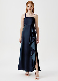 Azazie Kaylee Junior Dark Navy A-Line with Belt Metallic Satin Dress image5
