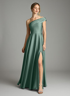 Azazie Melanie 신부 들러리 드레스 A라인 오프 더 숄더 스트레치 새틴 바닥 길이 드레스 image3