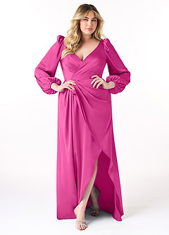 Azazie Mel Bridesmaid Dresses Fuchsia Sheath Long Sleeve Stretch Satin Dress image7