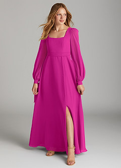 Azazie Leonia Junior Fuchsia A-Line with Pockets Chiffon Dress image1