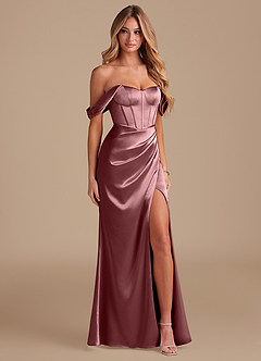 Azazie Asha Jurken voor bruidsmeisjes Jurk van Metaalachtig Satijn met Kolom Off the Shoulder Vintage Mauve image4