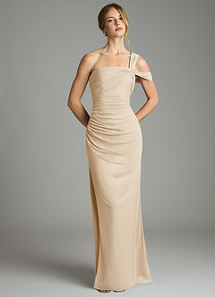 Azazie Tati Bridesmaid Dresses Champagne Sheath Off the Shoulder Mesh Dress image2