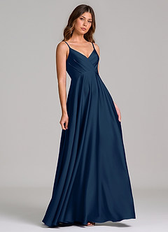 Azazie Amani Bridesmaid Dresses Dark Navy A-Line Pleated Stretch Satin Dress image1