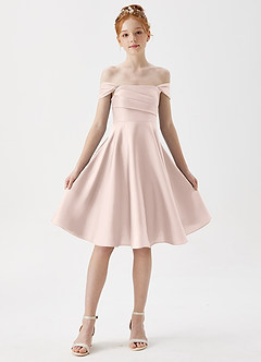 Azazie Amira Junior Blushing Pink A-Line Pleated Stretch Satin Dress image5