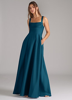 Azazie Shaude Bridesmaid Dresses Ink Blue A-Line Pleated Stretch Satin Dress image4