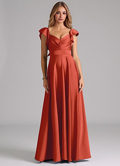 Azazie Leilani Bridesmaid Dresses Rust A-Line Ruched Stretch Satin Dress image3