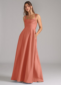 Azazie Shaude Bridesmaid Dresses Salmon Pink A-Line Pleated Stretch Satin Dress image4