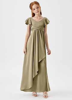 Azazie Omari Junior Moss Green A-Line Pleated Stretch Satin Dress image3