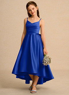 Azazie Sweets Junior Formal Flower Girl Dresses Royal Blue A-Line Pleated Matte Satin Dress image3