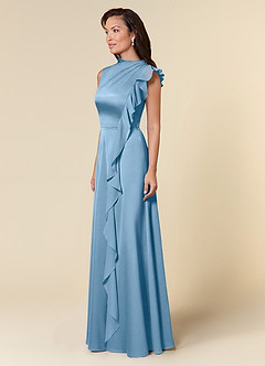 Azazie Narine Kleider für die Brautmutter A-Linie Hoher Ausschnitt Plissee Stretch-Satin Kleid Stahlblau image2
