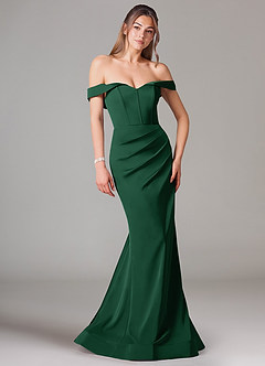 Azazie Everly Robes de demoiselle d'honneur Robe Sirène Convertible en Satin extensible Épaule décolletée Vert Foncé image1