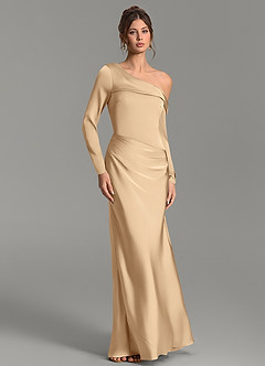 Azazie Sandra Bridesmaid Dresses Champagne Mermaid Long Sleeve Stretch Satin Dress image5