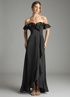 Azazie Lyra Bridesmaid Dresses Black A-Line Off the Shoulder Stretch Satin Convertible Dress image6