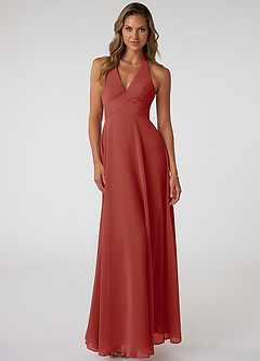 Azazie Tessie Bridesmaid Dresses Terracotta A-Line V-Neck Pleated Chiffon Dress image1