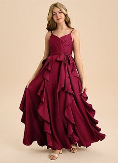 Azazie Peyton Junior Burgundy A-Line Pleated Stretch Satin Dress image5