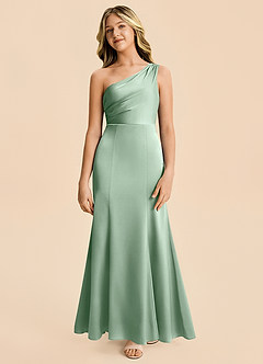 Azazie Ren Junior Agave A-Line Pleated Stretch Satin Dress image5