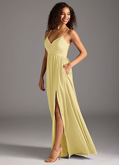 Azazie Alia Bridesmaid Dresses Lemon Sorbet A-Line Pleated Stretch Satin Dress image6
