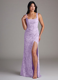 Azazie Mero Bridesmaid Dresses Lilac Sheath Pleated Floral Burnout Dress image1