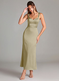 Azazie Denice Bridesmaid Dresses Moss Green Sheath Pleated Stretch Satin Dress image1