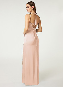 Azazie Desi Bridesmaid Dresses Blushing Pink Sheath Halter Corset Stretch Satin Dress image5