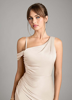 Azazie Madelyn Robes de demoiselle d'honneur Robe Sirène Convertible en Satin extensible Une épaule Albâtre Blanc image10