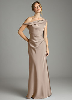 Azazie Emerson Bridesmaid Dresses Taupe Mermaid Off the Shoulder Stretch Satin Dress image5