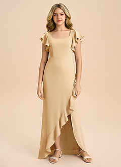 Azazie Demi Junior Vestido de Oro de Satén Elástico de Corte Sirena con Lazo image6