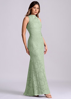 Azazie Evadne Final Sale Dusty Sage Sheath Pleated Floral Burnout Dress image3