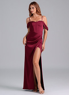 Azazie Asha Bridesmaid Dresses Burgundy Sheath Off the Shoulder Stretch Satin Convertible Dress image6