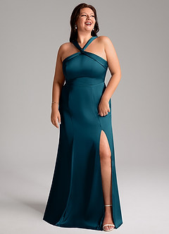 Azazie Rue Bridesmaid Dresses Ink Blue A-Line Pleated Stretch Satin Dress image11