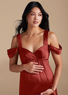 Azazie Rhea Maternity Bridesmaid Dresses A-Line Pleated Metallic Satin Floor-Length Dress image3