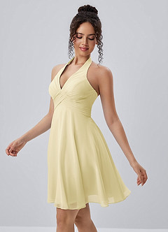 Joviannelle Butter Yellow Halter Ruched Chiffon Mini Dress image3