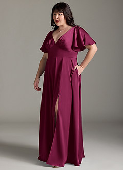 Azazie Kimber Bridesmaid Dresses Red Plum A-Line Ruched Stretch Satin Dress image10