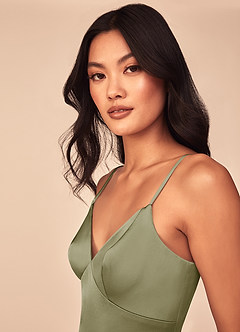 Azazie Dottie Final Sale Pistachio A-Line Stretch Satin Dress image6