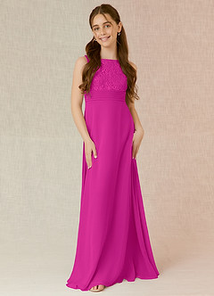Azazie Snow Junior Fuchsia A-Line Lace Chiffon Dress image4