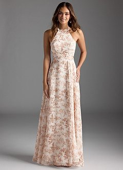 Azazie Clarice Bridesmaid Dresses Pink Fern Floral A-Line Halter Chiffon Dress image1