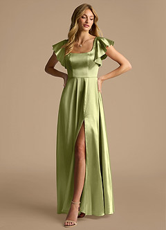 Azazie Bondi Brautjungfernkleider A-Linie Schleifen Metallischer Satin Kleid Pistazie image4