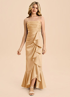 Azazie Ryan Junior Vestido Oro de Satén Elástico de Corte Recto con Lazo image3