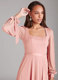 Azazie Leonia Bridesmaid Dresses Rosette A-Line Long Sleeve Mesh Dress image5