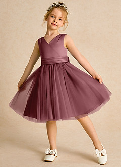 Azazie Tadpole Flower Girl Dresses Desert Rose A-Line Pleated Matte Satin Dress image4