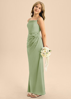 Azazie Renna Junior Dusty Sage A-Line Pleated Stretch Satin Dress image3