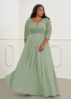 Azazie Hayek Mother of the Bride Dresses Dusty Sage A-Line V-Neck Lace Chiffon Dress image4