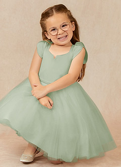 Azazie Malinda Final Sale Dusty Sage Ball-Gown with Sleeves Tulle Dress image3