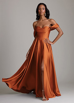 Azazie Loisa Bridesmaid Dresses Cinnamon A-Line Off the Shoulder Stretch Satin Dress image1