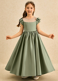 Azazie Toffee vestidos de niña de las flores Vestido de Pistacho de Satin Mate de Corte Princesa con Lazo image3