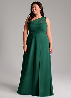 Azazie Phaedra Vestidos de damas de honor Vestido de Esmeralda de Gasa de Corte en A con Hombro unilateral image14